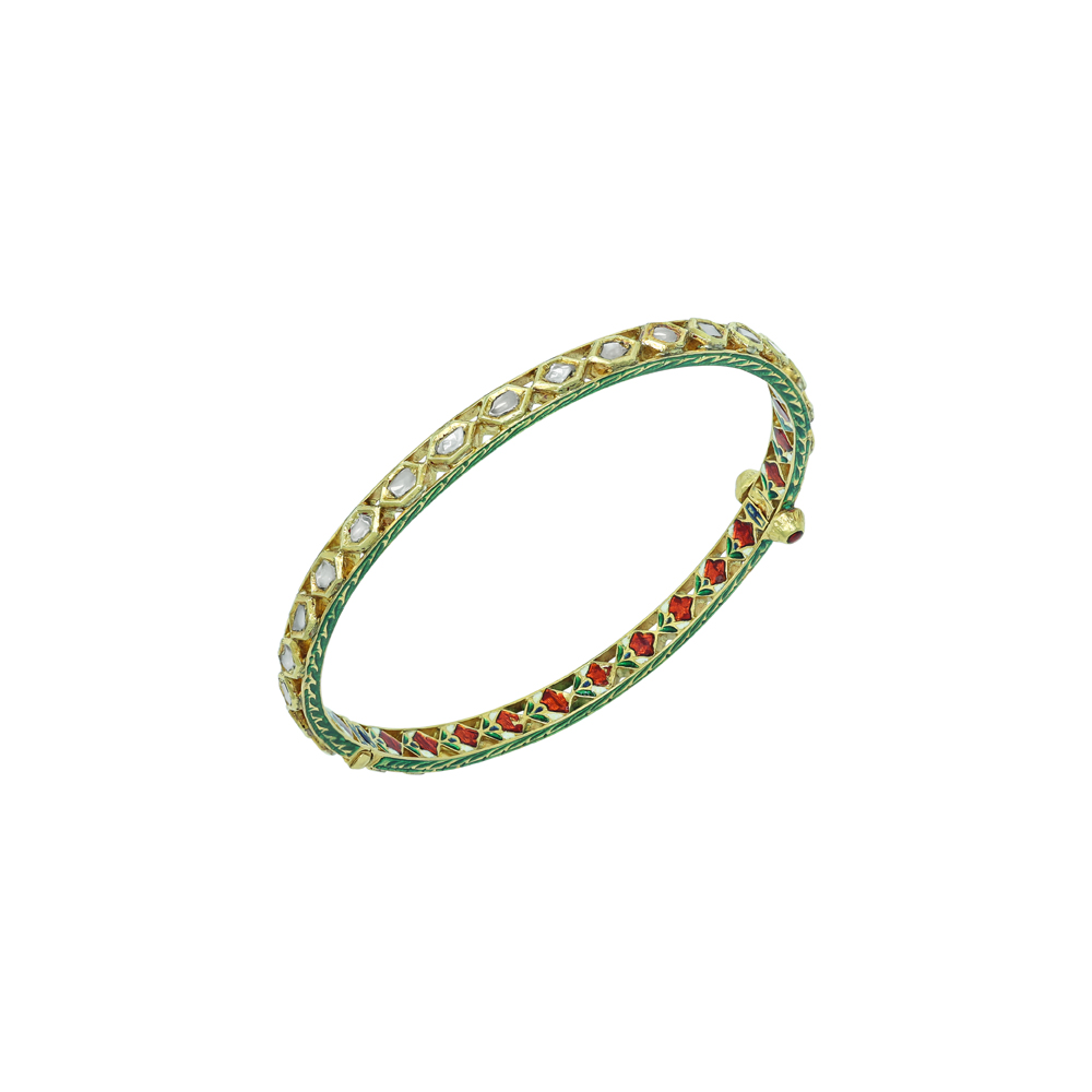 Geometric Polki Bangle with Red Enamel Accents